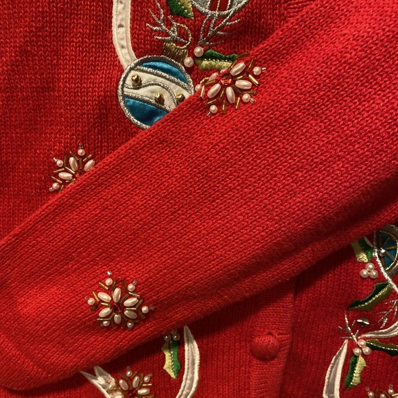 Bechamel Woman Red Cardigan Christmas Sweater Size:Petite M Ornaments Beaded - Picture 6 of 7